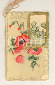 Oggetto da collezione cartaceo 1920 ca AUGURI Biglietto VINTAGE  a rilievo con papaveri 7x12 cm 1