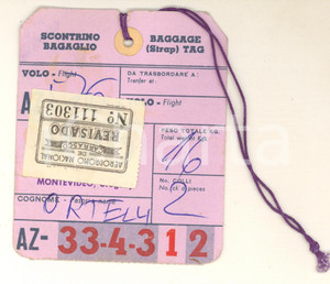 Materiale pubblicitario d’epoca 1970 ca ALITALIA Etichetta bagagli MONTEVIDEO / URUGUAY VINTAGE 1