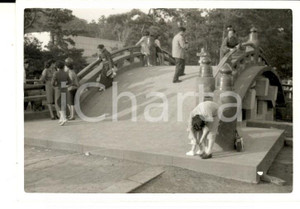 Fotografia d epoca originale 1958 KAMAKURA JAPAN Ponte sdrucciolevole verso un santuario shinto Foto 9x6 1