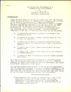 Materiale pubblicitario d’epoca 1958 WHIRLPOOL  J. B. HEINICKE Performance of a thermoelectric refrigerator 1