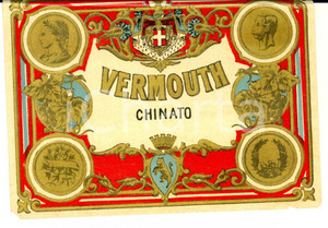 Materiale pubblicitario d’epoca 1950 ca LIQUORE VERMOUTH CHINATO Etichetta pubblicitaria VINTAGE 13x10 cm 1 1