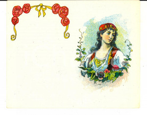 Materiale pubblicitario d’epoca 1920 ca LIQUORI Etichetta pubblicitaria con donna in costume VINTAGE 14x10 1