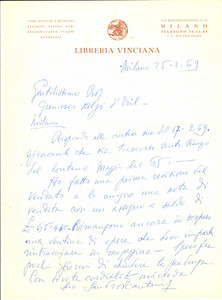 Manoscritto, lettera originale 1969 MILANO LIBRERIA VINCIANA Lettera per vendita di libri Sandro PIANTANIDA 1