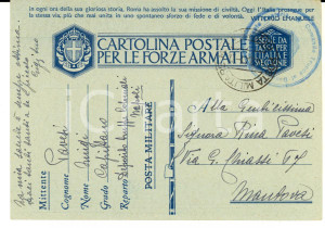 Cartolina originale da collezione 1941 WW2 NAPOLI Cartolina franchigia Luigi PAVESI  Deposito Truppe Coloniali 1