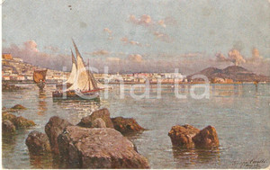 Cartolina originale da collezione 1950 NAPOLI Panorama da Mergellina dipinto da Giuseppe CARELLI Cartolina FP NV 1