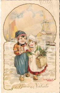 Cartolina originale da collezione 1931 BUON NATALE Scambio di doni tra piccoli olandesi Cartolina FP VG 1