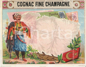 Materiale pubblicitario d’epoca 1965 ca COGNAC FINE CHAMPAGNA Ilustrazione con turco Etichetta 11x9 cm 1