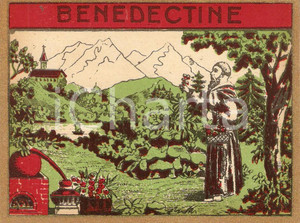Materiale pubblicitario d’epoca 1965 ca BENEDICTINE Liquore Etichetta ILLUSTRATA con frate 12x9 cm 1 1