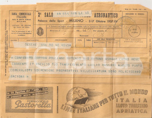 Materiale pubblicitario d’epoca 1937 Telegramma pubblicitario Formaggio PASTORELLA Lloyd Triestino Adriatica 1