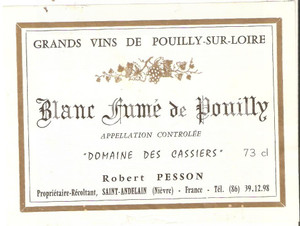 Materiale pubblicitario d’epoca 1975 ca POUILLYSURLOIRE Azienda Robert PESSON Blanc fumé de Pouilly Etichetta 1