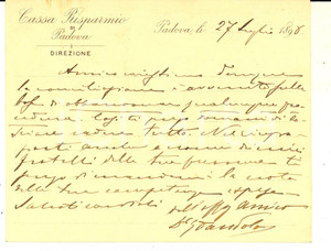 Documento originale, autentico 1898 CASSA DI RISPARMIO DI PADOVA Direttore Giacomo DANDOLO promette un saldo 1