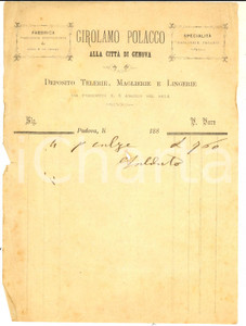 Documento originale, autentico 1880 ca PADOVA Girolamo POLACCO  Telerie e maglierie Fattura intestata 1
