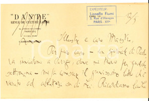 Autografo originale 1940 ca PARIS Lionello FIUMI porge le condoglianze a un collega AUTOGRAFO 1