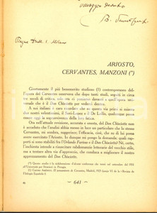Libro, pubblicazione d epoca 1932 Bernardo SANVISENTI Ariosto, Cervantes, Manzoni Invio AUTOGRAFO 1