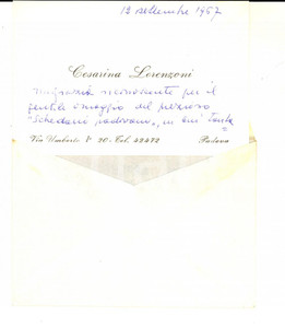 Autografo originale 1967 PADOVA Biglietto da visita Cesarina LORENZONI per ringraziamento Autografo 1