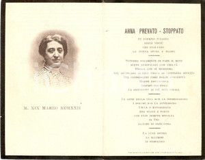 Oggetto da collezione cartaceo 1922 In memoria di Anna PREVATO Moglie senatore Alessandro STOPPATO Santino 1