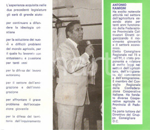 Materiale pubblicitario d’epoca 1985 DEMOCRAZIA CRISTIANA Antonio RAMIGNI Candidato elezioni regionali VENETO 1