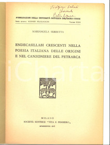 Libro, pubblicazione d epoca 1938 MILANO Luigi SORRENTO Prefazione a Mariangela SERRETTA AUTOGRAFO 1