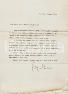 Materiale pubblicitario d’epoca 1985 PADOVA Candidato DC Giorgio RONCONI scrive all Istituto Dante ALIGHIERI 1