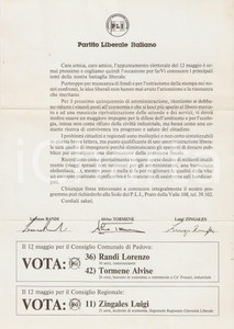 Materiale pubblicitario d’epoca 1985 PADOVA Luigi ZINGALES e Lorenzo RANDI scrivono a elettori PARTITO LIBERALE 1