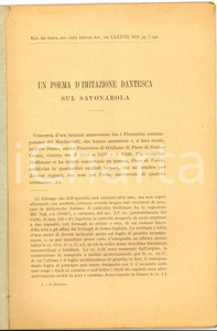 Libro, pubblicazione d epoca 1926 Cesare FOLIGNO Un poema d imitazione dantesca sul Savonarola Estratto 1
