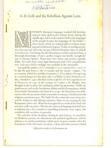 Libro, pubblicazione d epoca 1960 ca Armand L. DE GAETANO G. B. Gelli and rebellion against Latin Autograph 1