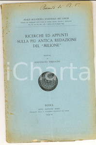Libro, pubblicazione d epoca 1933 Benvenuto TERRACINI Sulla piÃ¹ antica redazione del Milione AUTOGRAFO 1