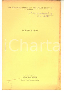Libro, pubblicazione d epoca 1944 Kenneth M. SETTON The Avignonese papacy and the Catalan duchy AUTOGRAFO 1
