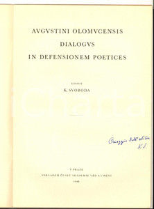 Libro, pubblicazione d epoca 1948 Karel SVOBODA Augustini Olomucensis dialogus in defensionem poetices 1
