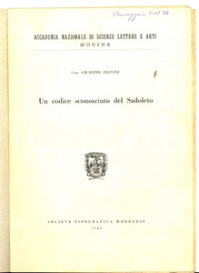Libro, pubblicazione d epoca 1960 Can. Giuseppe PISTONI Un codice sconosciuto del Sadoleto  Invio autografo 1