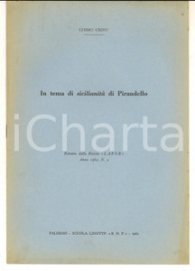 Libro, pubblicazione d epoca 1962 PALERMO Cosmo CRIFO  In tema di sicilianitÃ  di Pirandello Estratto 12 pp. 1