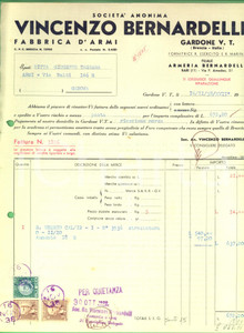 Documento originale, autentico 1938 GARDONE VAL TROMPIA Vincenzo BERNARDELLI fabbrica d armi Fattura con bolli 1