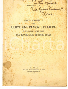 Libro, pubblicazione d epoca 1937 Nino QUARTA Ordinamento delle ultime rime in morte di Laura Invio AUTOGRAFO 1