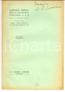 Libro, pubblicazione d epoca 1940 Antonio CORSANO Note sul De voluptate del Valla  Invio autografo 1
