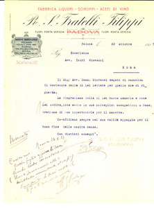 Documento originale, autentico 1927 PADOVA Fratelli FILIPPI Fabbrica liquori  sciroppi Fattura intestata 1