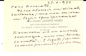Autografo originale 1930 PADOVA Jacopo MORO Direttore Cassa di Risparmio  Biglietto autografo 1