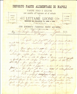 Documento originale, autentico 1897 PADOVA Leone LITTAME Deposito e fabbrica paste all uova Fattura 1