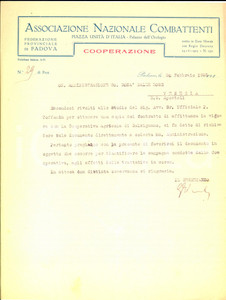 Documento originale, autentico 1925 PADOVA Associazione Nazionale Combattenti  Lettera per affitto cooperativa 1