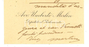 Oggetto da collezione cartaceo 1920 ca PADOVA Avv. Umberto MERLIN Deputato  Biglietto da visita autografo 1