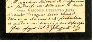 Oggetto da collezione cartaceo 1922 PADOVA Comm. Giacomo LUZZATTO DINA  Biglietto da visita autografo 1