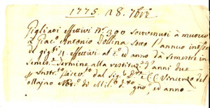Documento originale, autentico 1775 MILANO Ricevuta Giacomo Antonio FOLINA per restituzione semestrale prestito 1