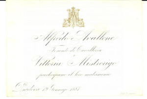 Documento originale, autentico 1887 PADOVA Nozze Tenente Alfredo AVALLONE  Vittoria MISTORIGO Partecipazione 1