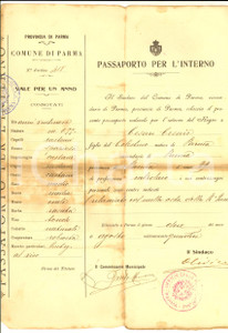 Documento originale, autentico 1915 PARMA Passaporto per l Interno  Cesare CESARI calzolaio Documento 1