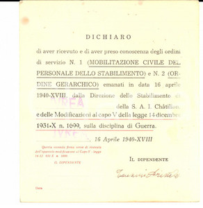 Documento originale, autentico 1940 WW2 IVREA Ditta S.A.I. CHATILLON Mobilitazione civile personale  Ricevuta 1