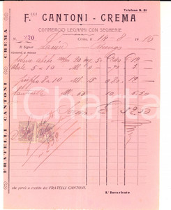 Documento originale, autentico 1916 CREMA Fratelli CANTONI  Commercio legnami con segherie Fattura intestata 1