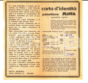 Materiale pubblicitario d’epoca 1960 MILANO Carta d identitÃ  panettone MOTTA con elenco premi sorteggio 1