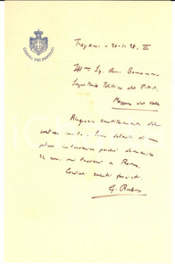 Documento originale, autentico 1928 TRAPANI Lettera ringraziamento on. Giuseppe RUBINO per invito Autografo 1