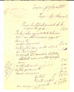 Documento originale, autentico 1930 TRAPANI Conto Antonino FILINGERI per pratica e certificati Lettera 1