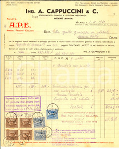 Documento originale, autentico 1940 MILANO BOVISA Ing. A. CAPPUCCINI & C. Stabilimento chimico Fattura bollo 1