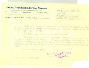 Documento originale, autentico 1951 TORINO UTET  Lettera commerciale su nuove pubblicazioni Carta intestata 1